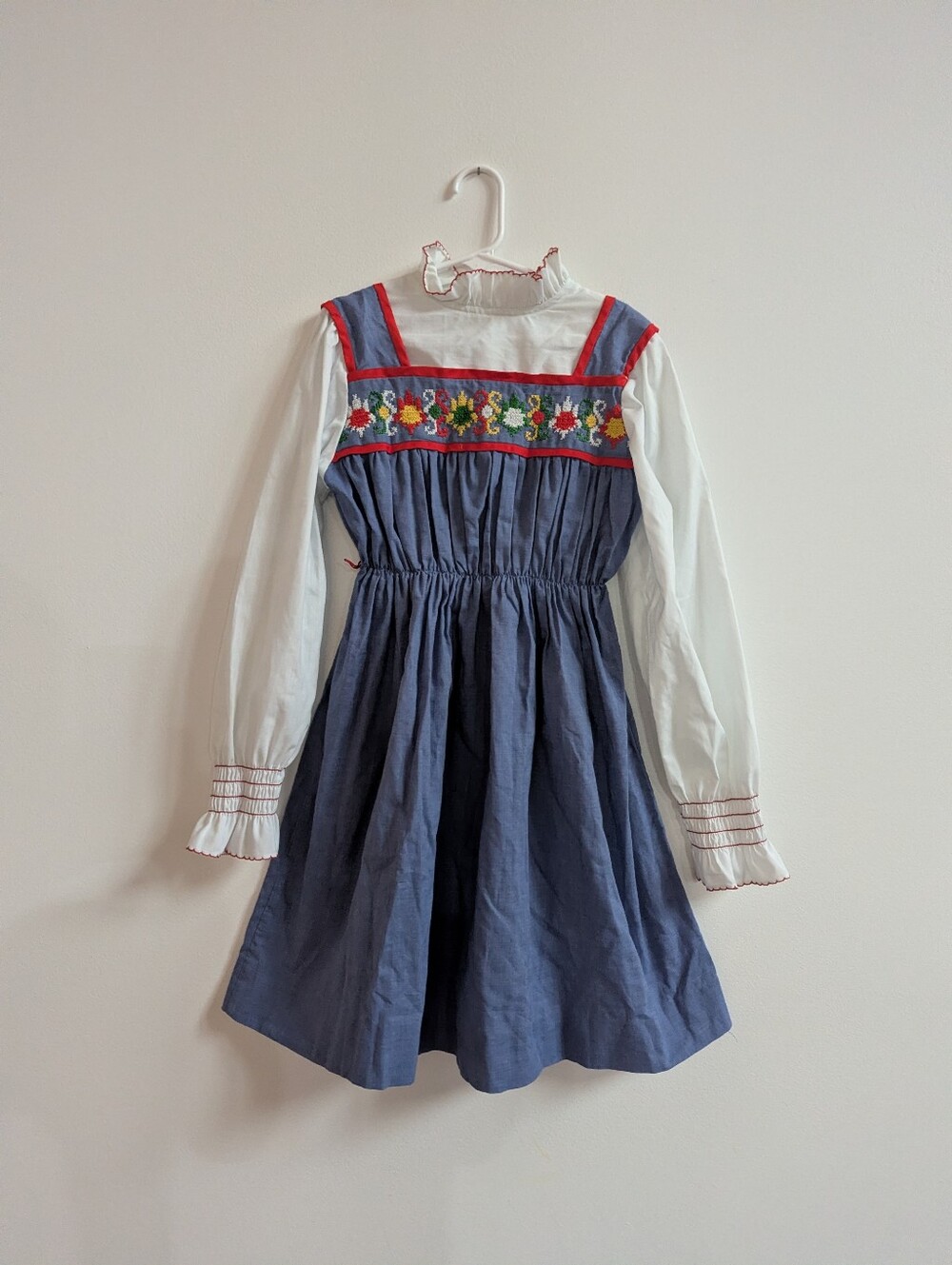 Vtg 70s Kate Greenaway Dress Girls 7-8 Boho Hippie Chambray